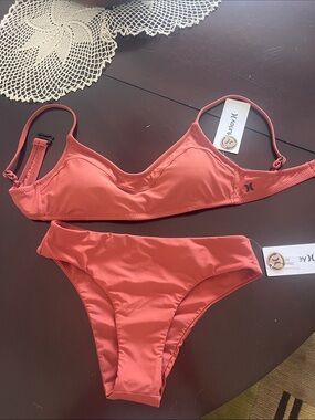 Hurley Coral Bikini Set - Warm Coral Pink Top & Bottom